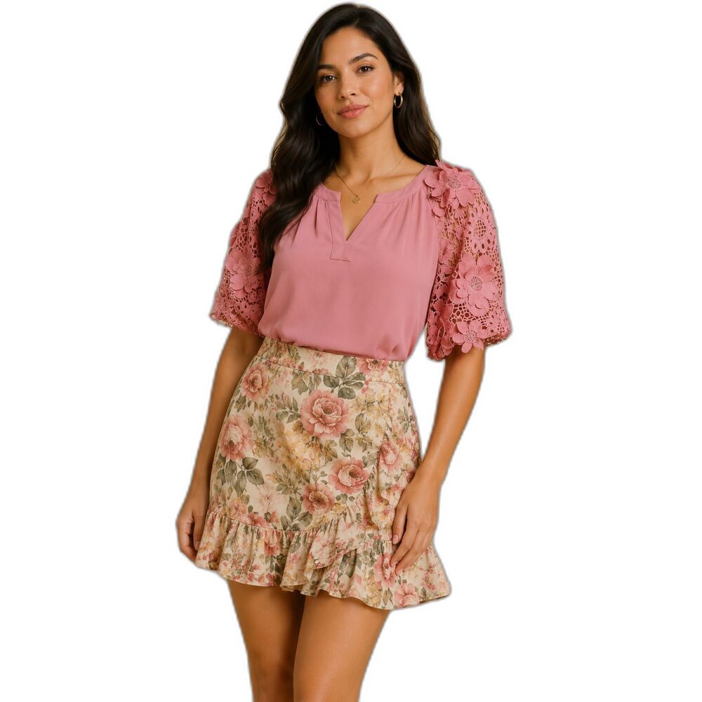 New Umgee M 8 10 Solid Rose 3D Floral Puff Sleeve Relaxed Fit Linen Blend Top